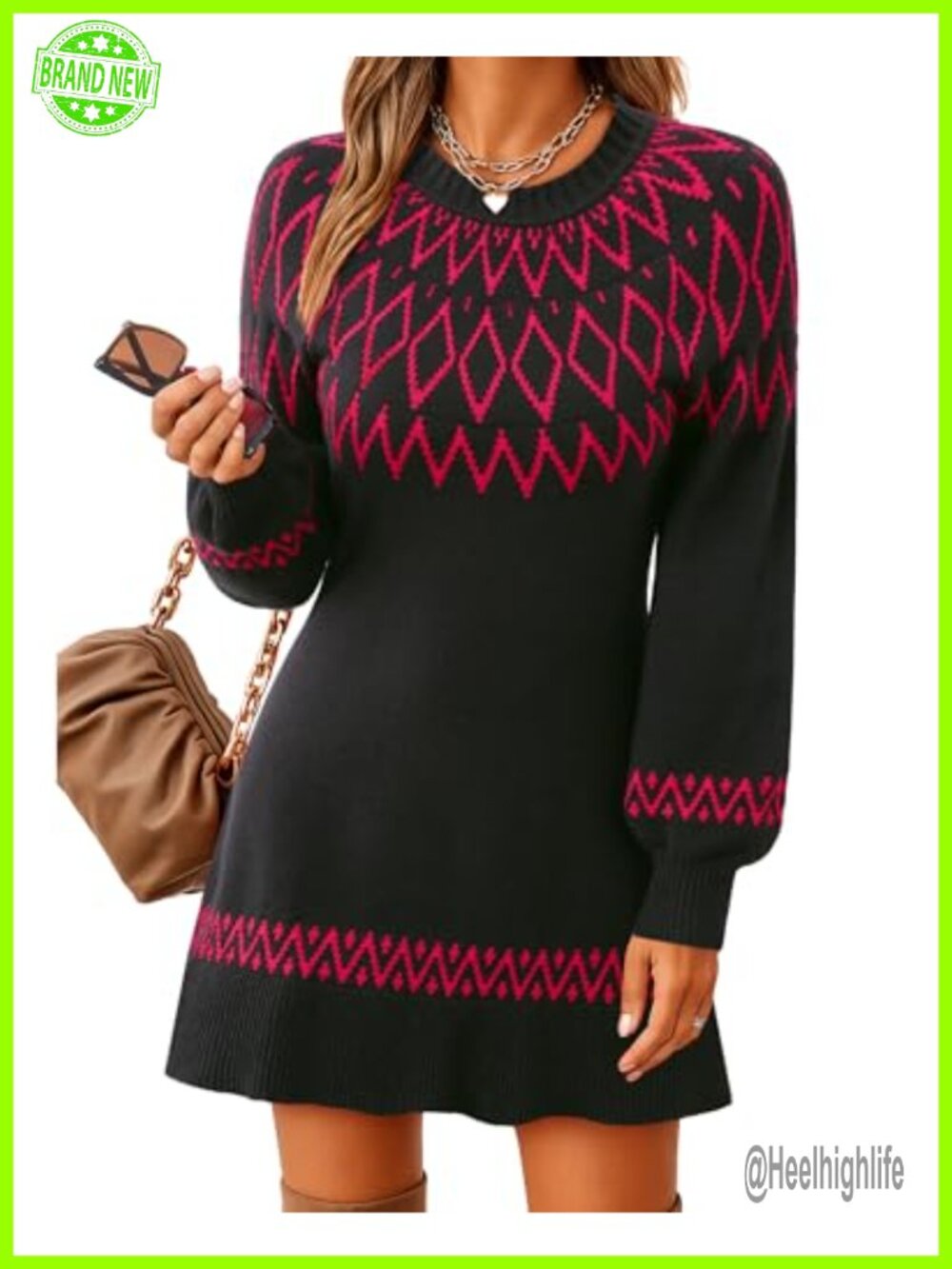 Womens Knit Sweater Dress Fair Isle Lantern Sleeve Ribbed Pullover Mini